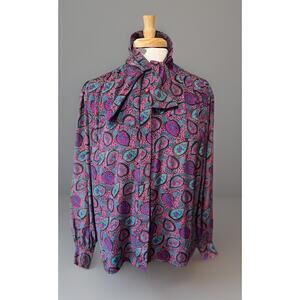 VTG Magenta Satin Bow Blouse Women 12 Career Chic Secretary Office Shirt